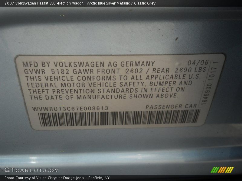 Info Tag of 2007 Passat 3.6 4Motion Wagon