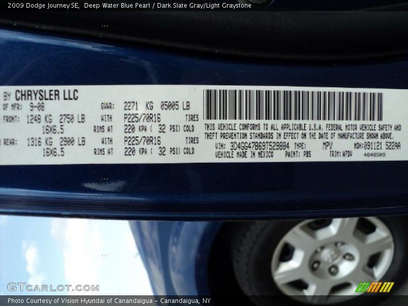 Deep Water Blue Pearl / Dark Slate Gray/Light Graystone 2009 Dodge Journey SE