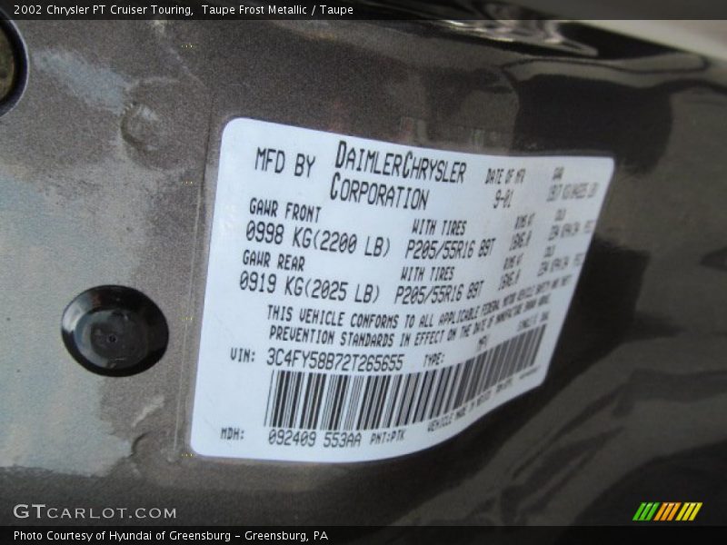 2002 PT Cruiser Touring Taupe Frost Metallic Color Code PTK