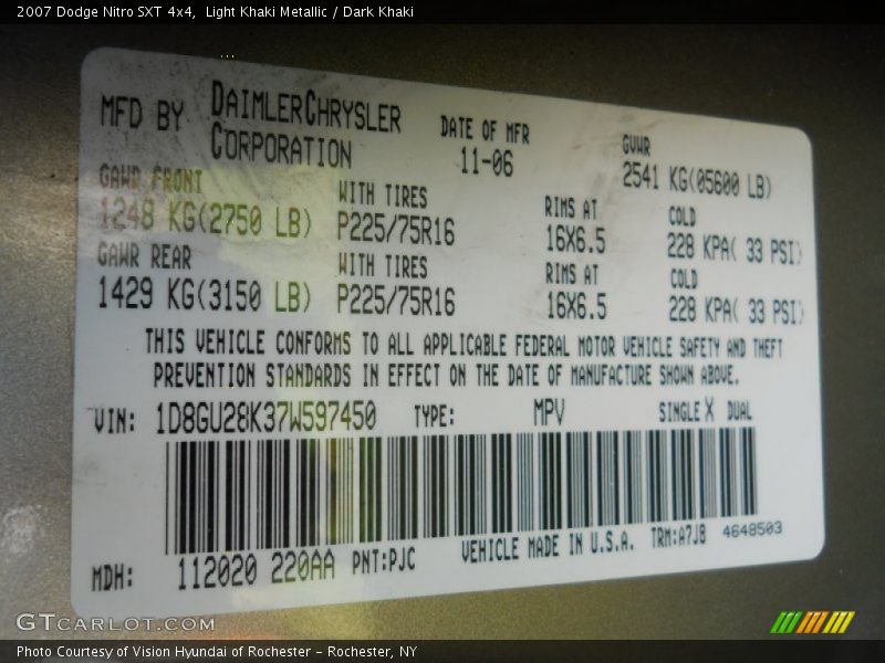 2007 Nitro SXT 4x4 Light Khaki Metallic Color Code PJC