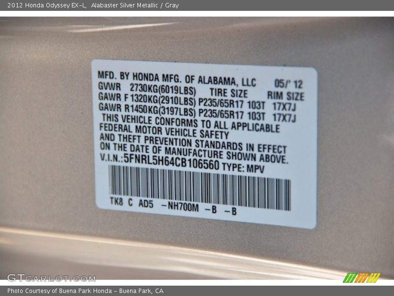 Alabaster Silver Metallic / Gray 2012 Honda Odyssey EX-L