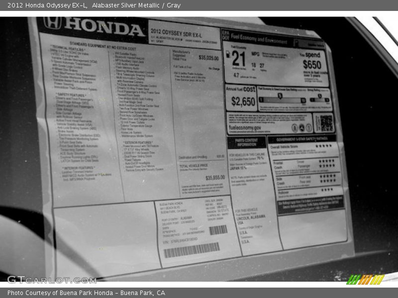 Alabaster Silver Metallic / Gray 2012 Honda Odyssey EX-L