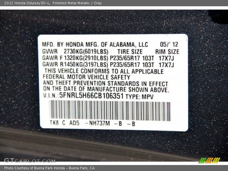Polished Metal Metallic / Gray 2012 Honda Odyssey EX-L