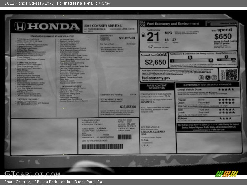 Polished Metal Metallic / Gray 2012 Honda Odyssey EX-L