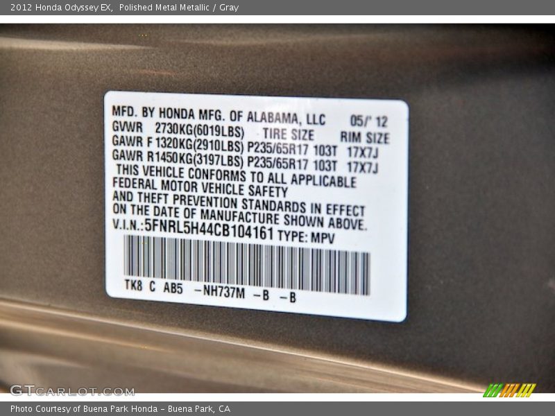 Polished Metal Metallic / Gray 2012 Honda Odyssey EX