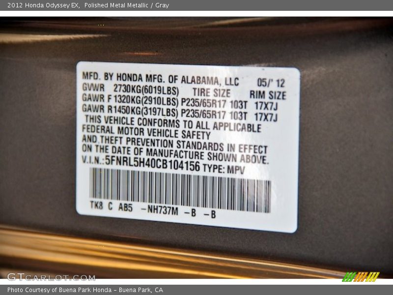 Polished Metal Metallic / Gray 2012 Honda Odyssey EX