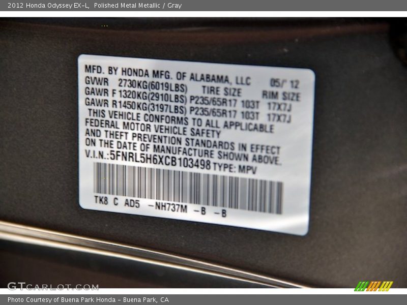 Polished Metal Metallic / Gray 2012 Honda Odyssey EX-L