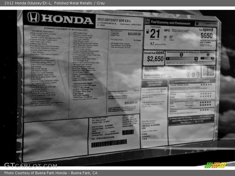 Polished Metal Metallic / Gray 2012 Honda Odyssey EX-L
