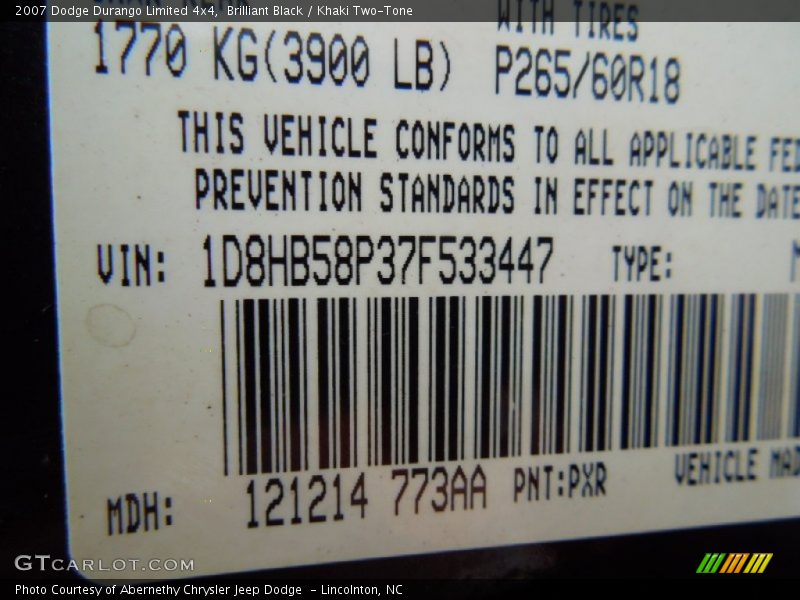 2007 Durango Limited 4x4 Brilliant Black Color Code PXR