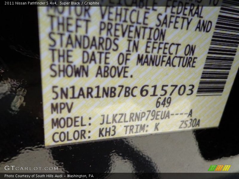 2011 Pathfinder S 4x4 Super Black Color Code KH3