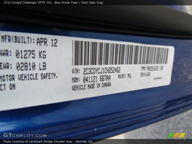 2012 Challenger SRT8 392 Blue Streak Pearl Color Code PCL