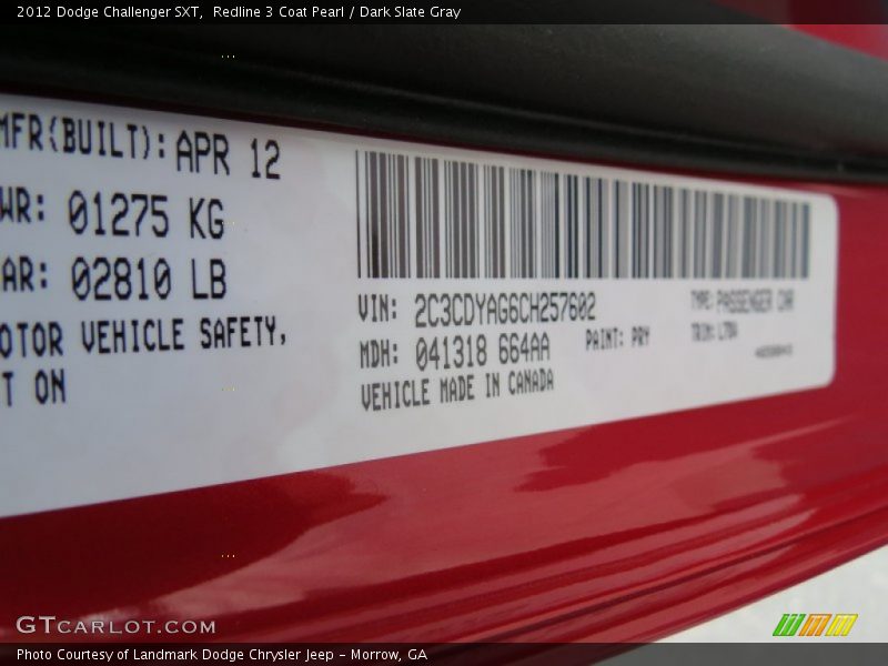 Redline 3 Coat Pearl / Dark Slate Gray 2012 Dodge Challenger SXT
