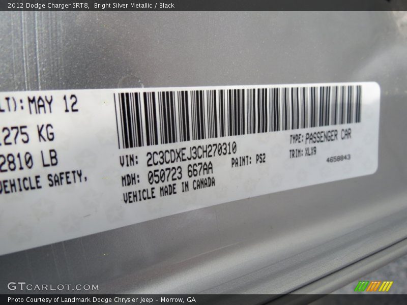 2012 Charger SRT8 Bright Silver Metallic Color Code PS2