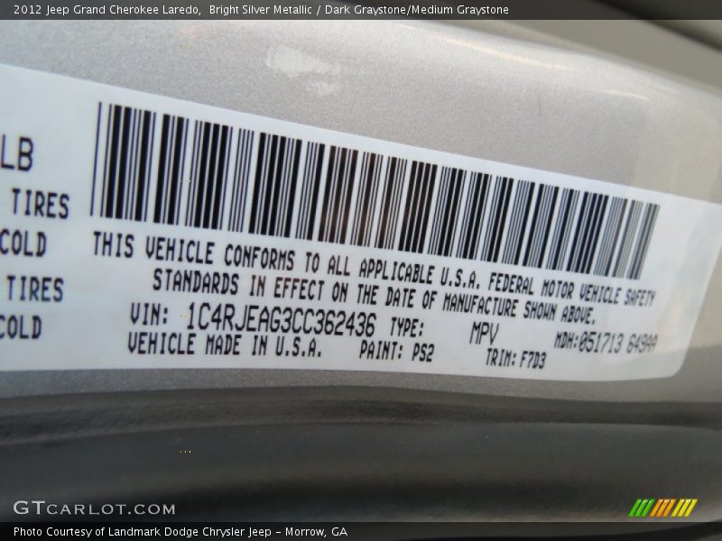 Bright Silver Metallic / Dark Graystone/Medium Graystone 2012 Jeep Grand Cherokee Laredo