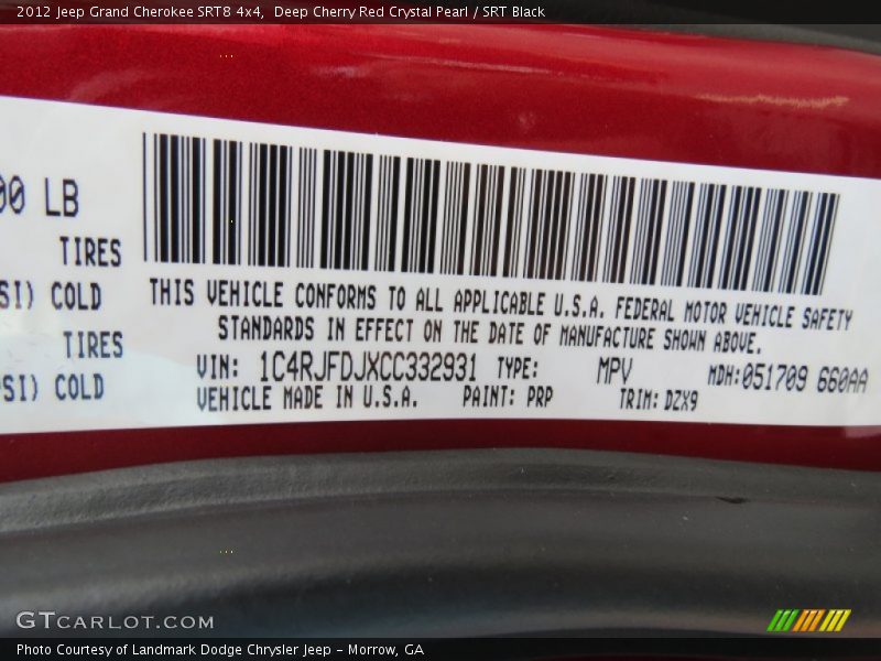 2012 Grand Cherokee SRT8 4x4 Deep Cherry Red Crystal Pearl Color Code PRP