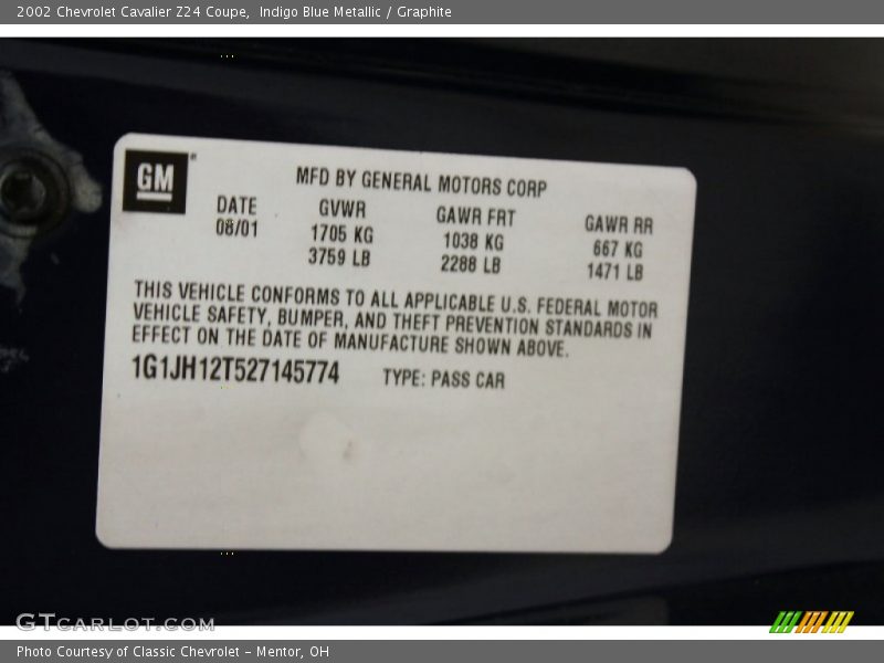 Indigo Blue Metallic / Graphite 2002 Chevrolet Cavalier Z24 Coupe
