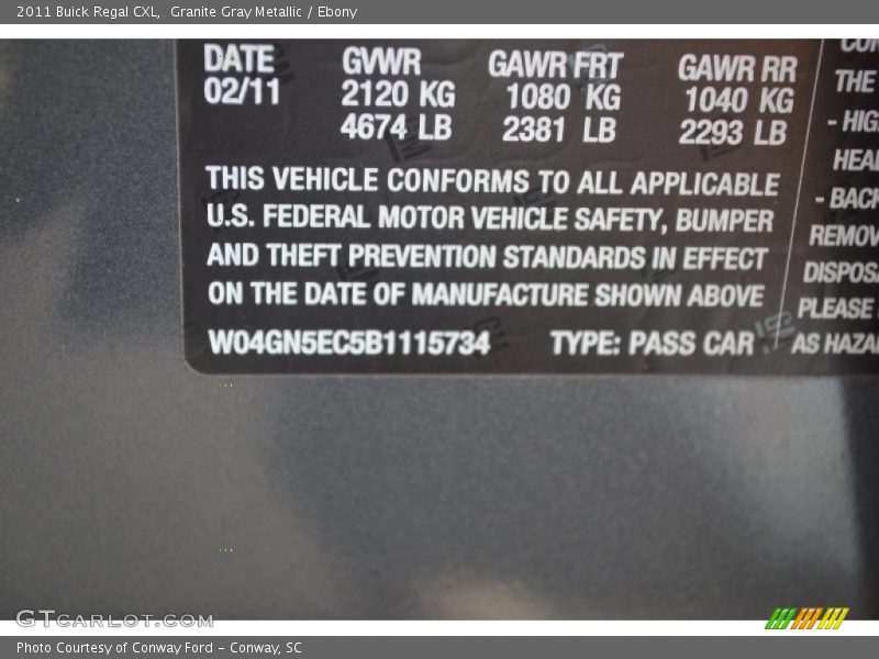 Granite Gray Metallic / Ebony 2011 Buick Regal CXL