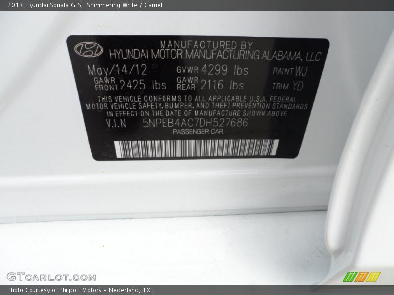 Shimmering White / Camel 2013 Hyundai Sonata GLS