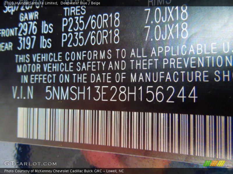 Deepwater Blue / Beige 2008 Hyundai Santa Fe Limited