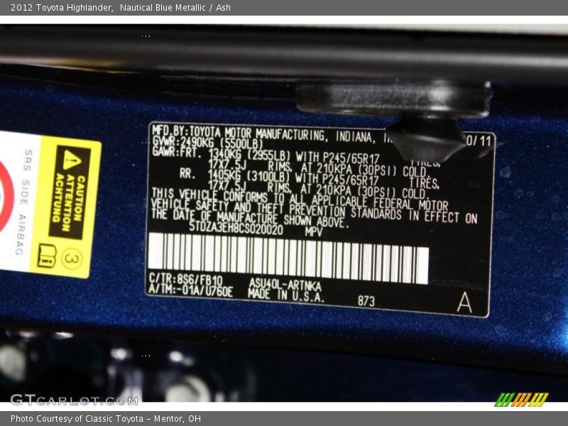 Nautical Blue Metallic / Ash 2012 Toyota Highlander