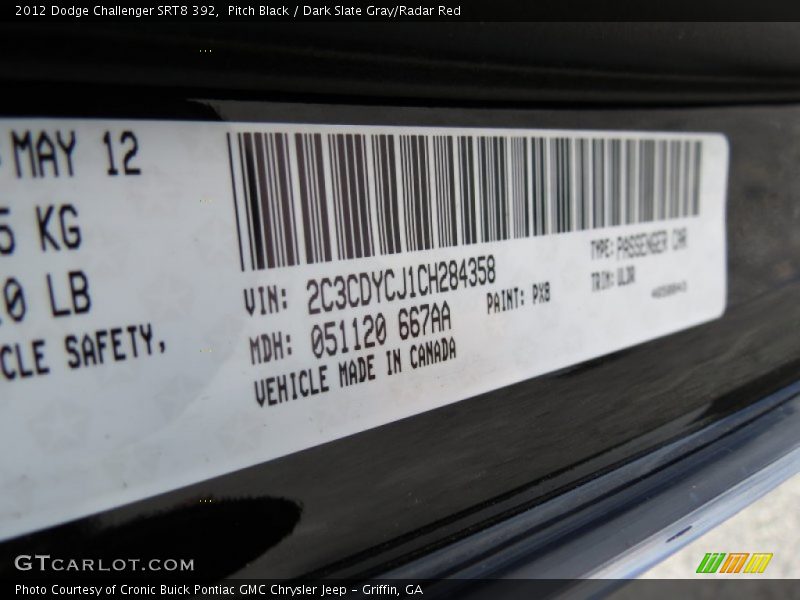 2012 Challenger SRT8 392 Pitch Black Color Code PX8