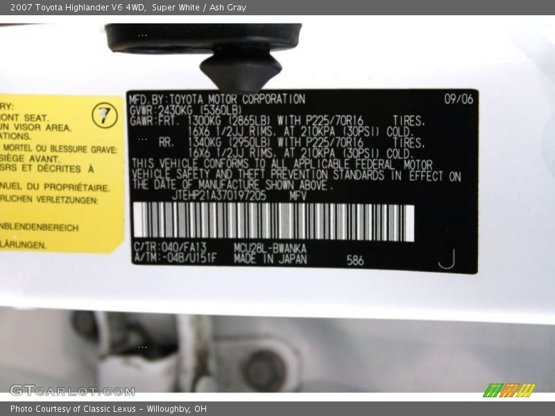 Super White / Ash Gray 2007 Toyota Highlander V6 4WD