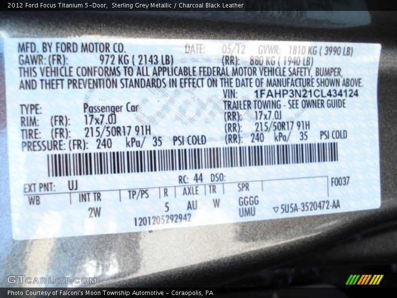 2012 Focus Titanium 5-Door Sterling Grey Metallic Color Code UJ