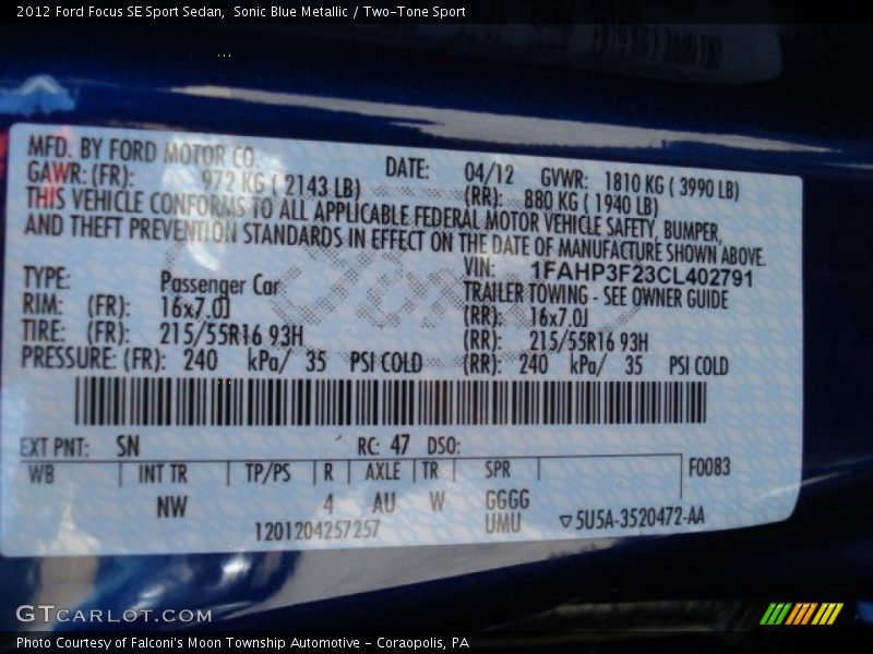 2012 Focus SE Sport Sedan Sonic Blue Metallic Color Code SN