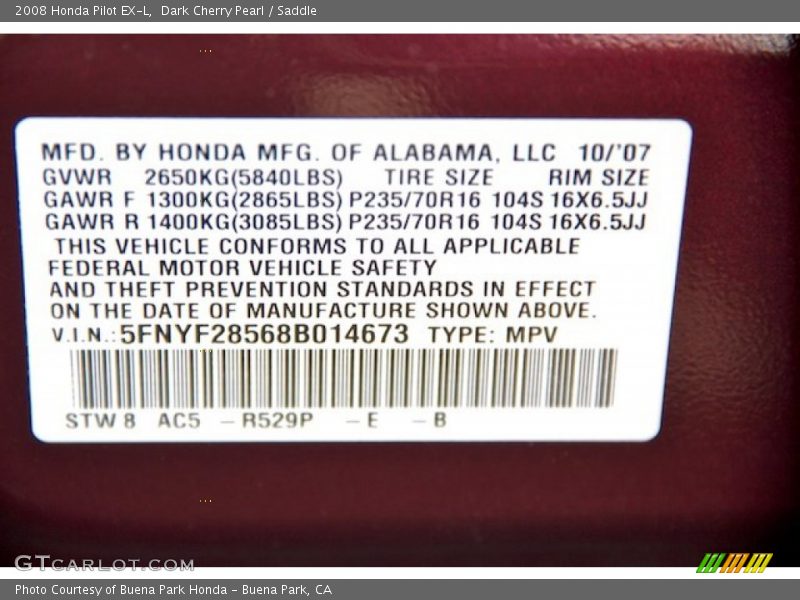 Dark Cherry Pearl / Saddle 2008 Honda Pilot EX-L