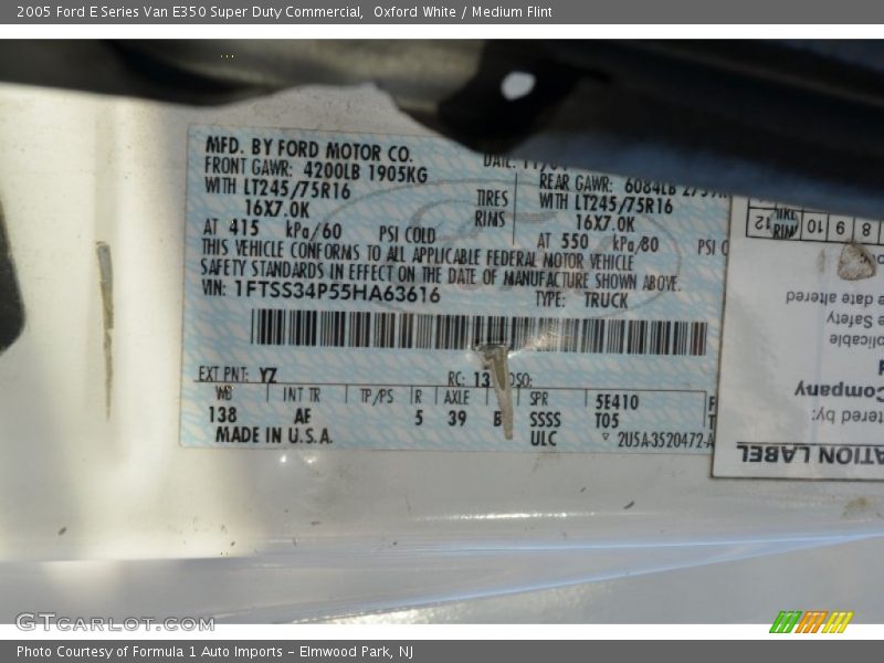 2005 E Series Van E350 Super Duty Commercial Oxford White Color Code YZ
