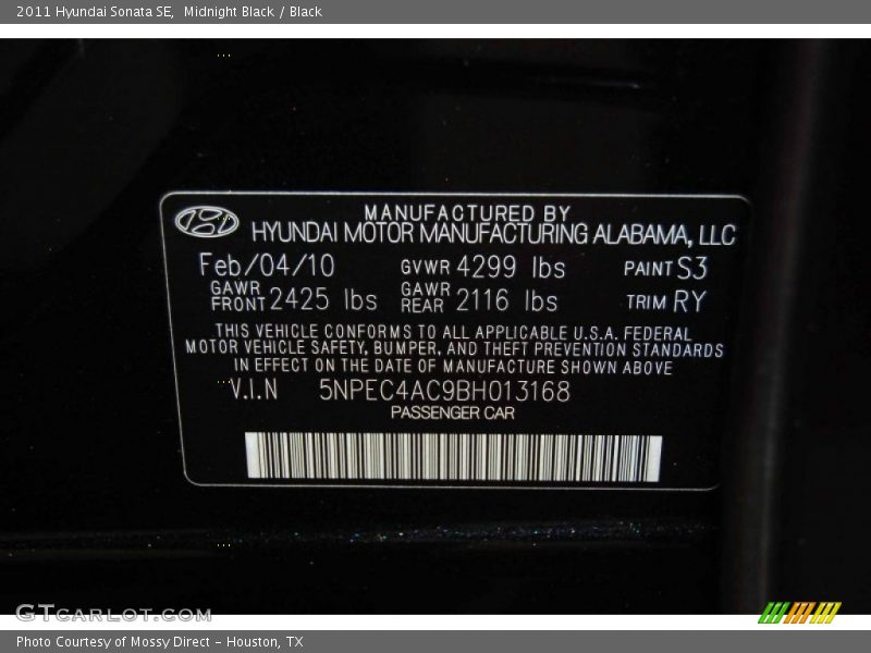 Midnight Black / Black 2011 Hyundai Sonata SE