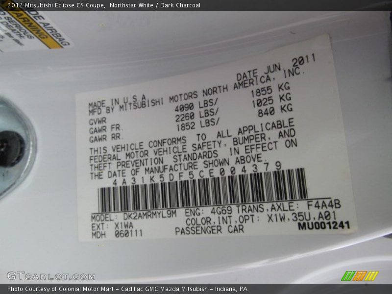 Northstar White / Dark Charcoal 2012 Mitsubishi Eclipse GS Coupe