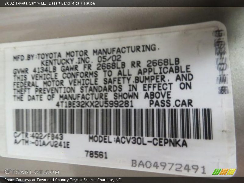 Desert Sand Mica / Taupe 2002 Toyota Camry LE