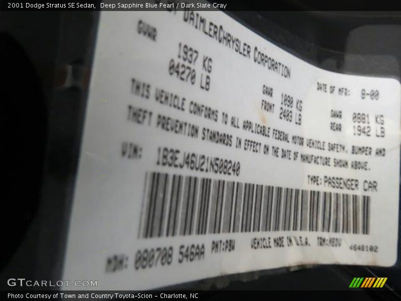 2001 Stratus SE Sedan Deep Sapphire Blue Pearl Color Code PBW