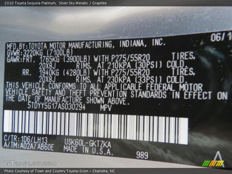 2010 Sequoia Platinum Silver Sky Metallic Color Code 1D6