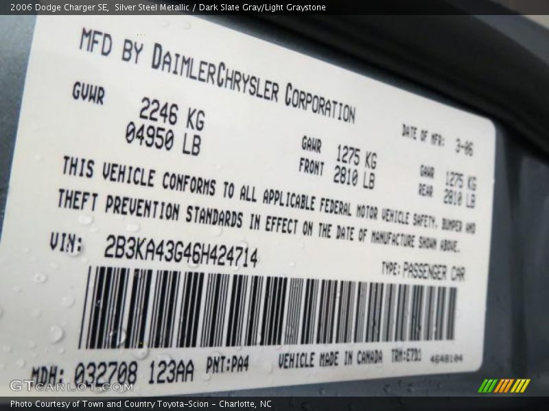 Silver Steel Metallic / Dark Slate Gray/Light Graystone 2006 Dodge Charger SE