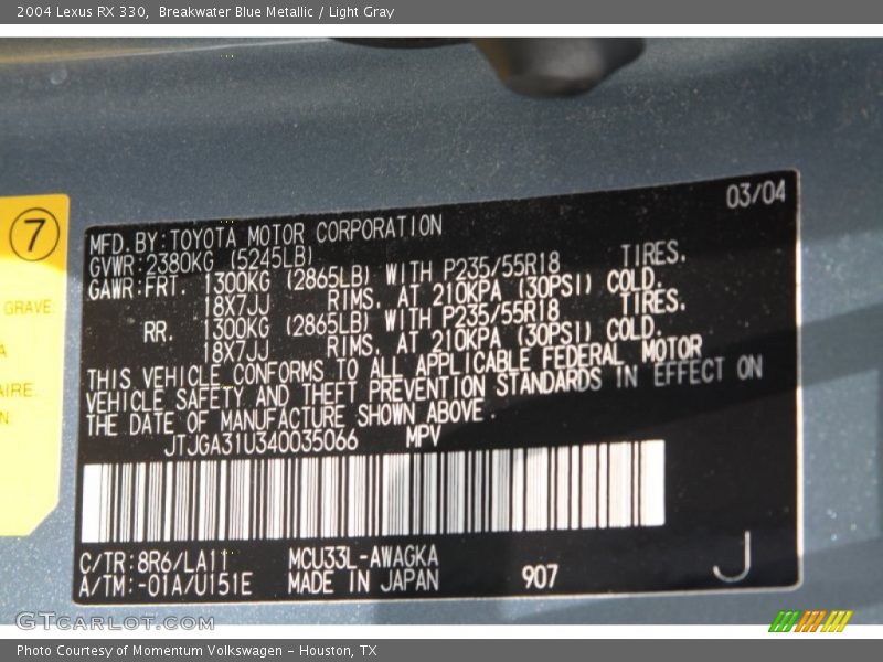 2004 RX 330 Breakwater Blue Metallic Color Code 8R6