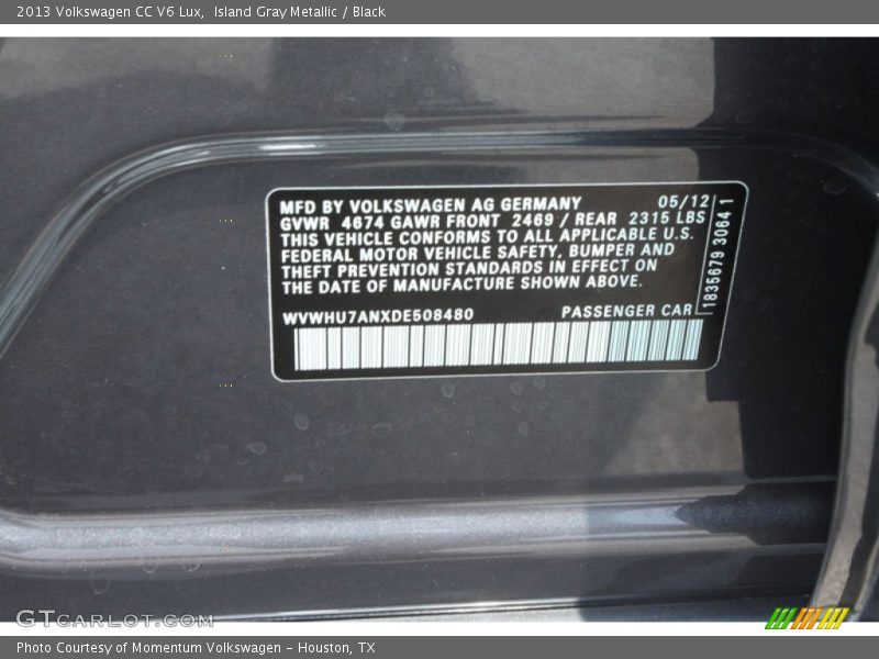 Island Gray Metallic / Black 2013 Volkswagen CC V6 Lux