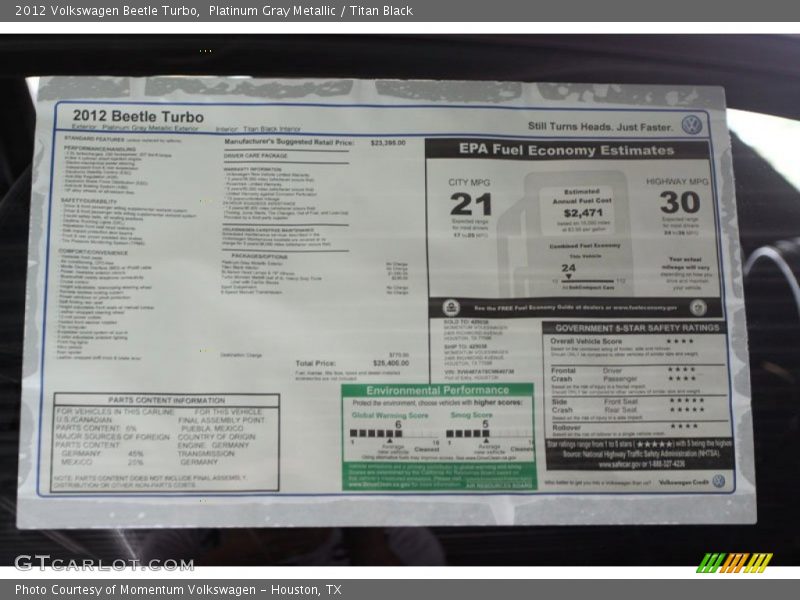  2012 Beetle Turbo Window Sticker