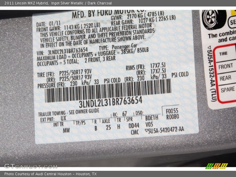 2011 MKZ Hybrid Ingot Silver Metallic Color Code UX