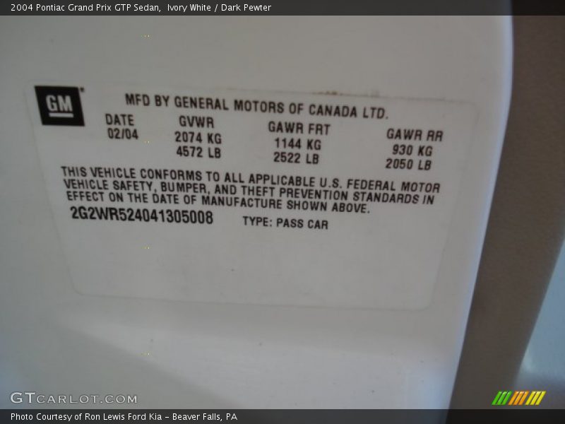 Ivory White / Dark Pewter 2004 Pontiac Grand Prix GTP Sedan