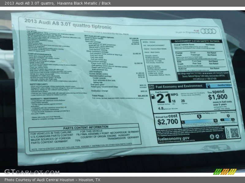  2013 A8 3.0T quattro Window Sticker