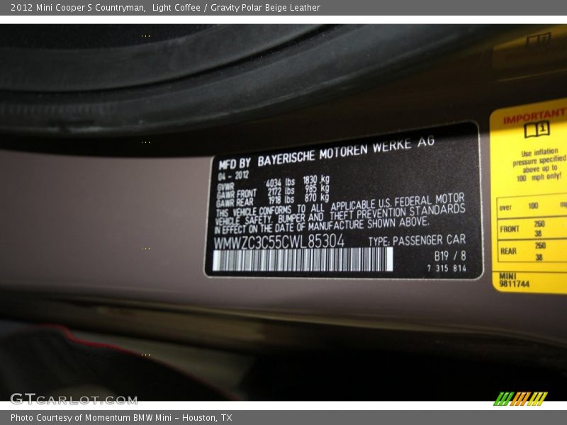 Light Coffee / Gravity Polar Beige Leather 2012 Mini Cooper S Countryman