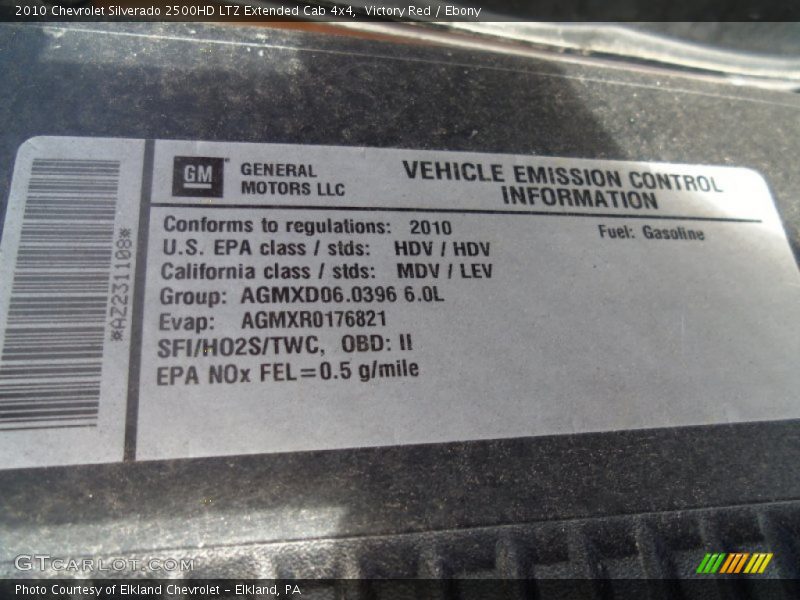 Info Tag of 2010 Silverado 2500HD LTZ Extended Cab 4x4