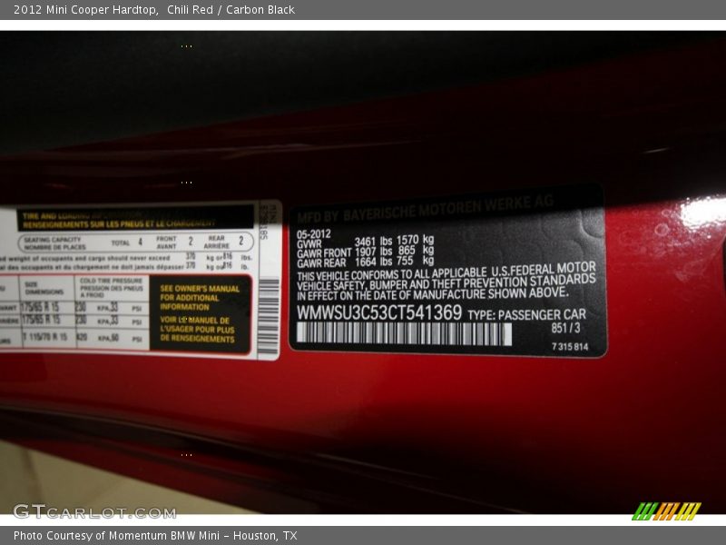 Chili Red / Carbon Black 2012 Mini Cooper Hardtop