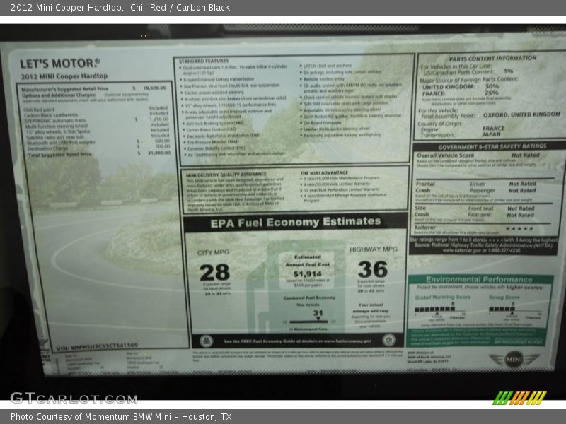 Chili Red / Carbon Black 2012 Mini Cooper Hardtop