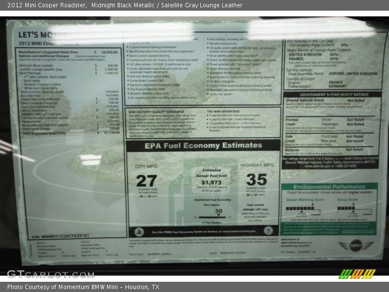  2012 Cooper Roadster Window Sticker