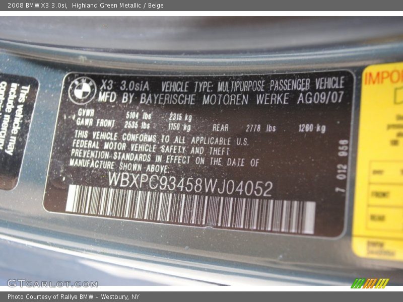 Info Tag of 2008 X3 3.0si