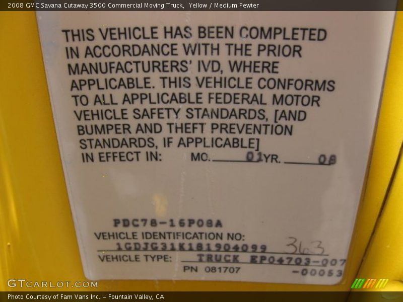 Yellow / Medium Pewter 2008 GMC Savana Cutaway 3500 Commercial Moving Truck