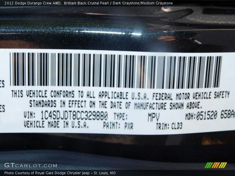 2012 Durango Crew AWD Brilliant Black Crystal Pearl Color Code PXR